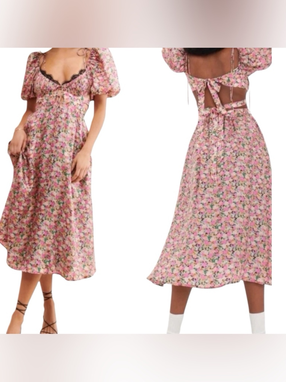 For Love & Lemons Isadora Midi Dress Womens Small Pink Floral Puff Sleeve